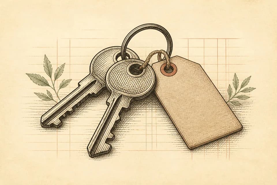 Vintage illustration of house keys and a blank welcome tag