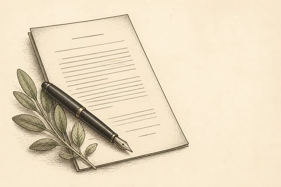 Vintage illustration of a lease document, fountain pen, and botanical sprig